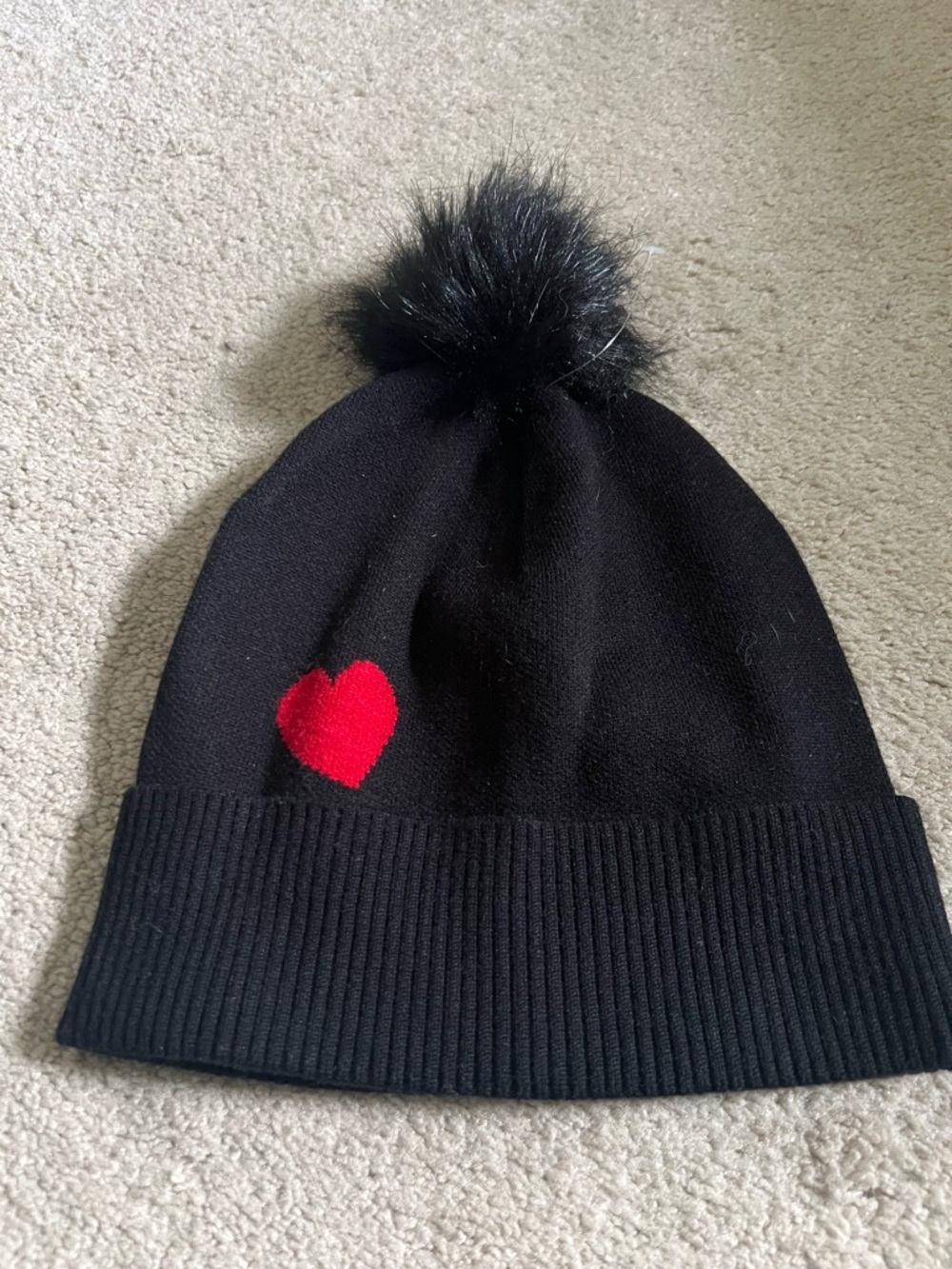 Nicole Miller Black Beanie with Red Heart and Faux-Fur Pom, NWOT